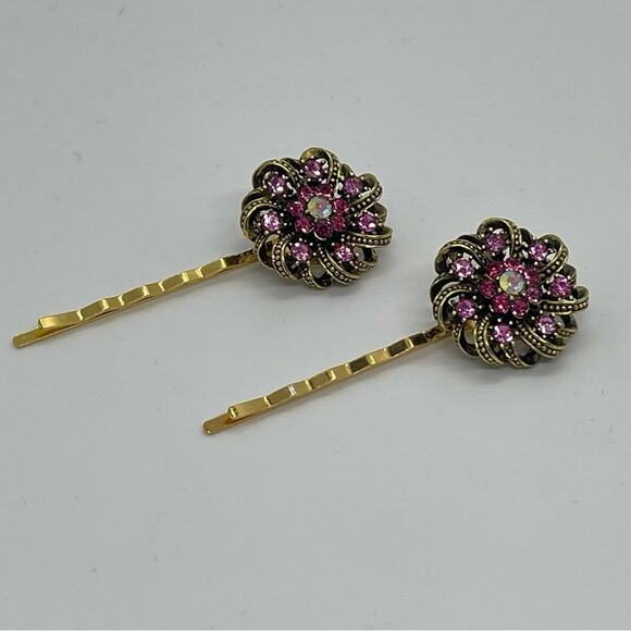 Handmade Pink Rhinestone Gold Set Hair Clips Dance Whimsical Fairy Jewelry NWT - Picture 3 of 6